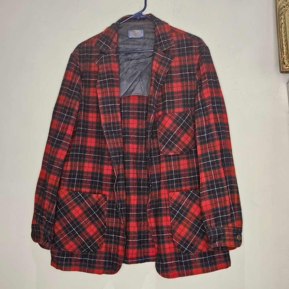 Vtg Pendleton Woolen Large Wool Plaid Flannel Blazer Jacket Dark Academia Preppy